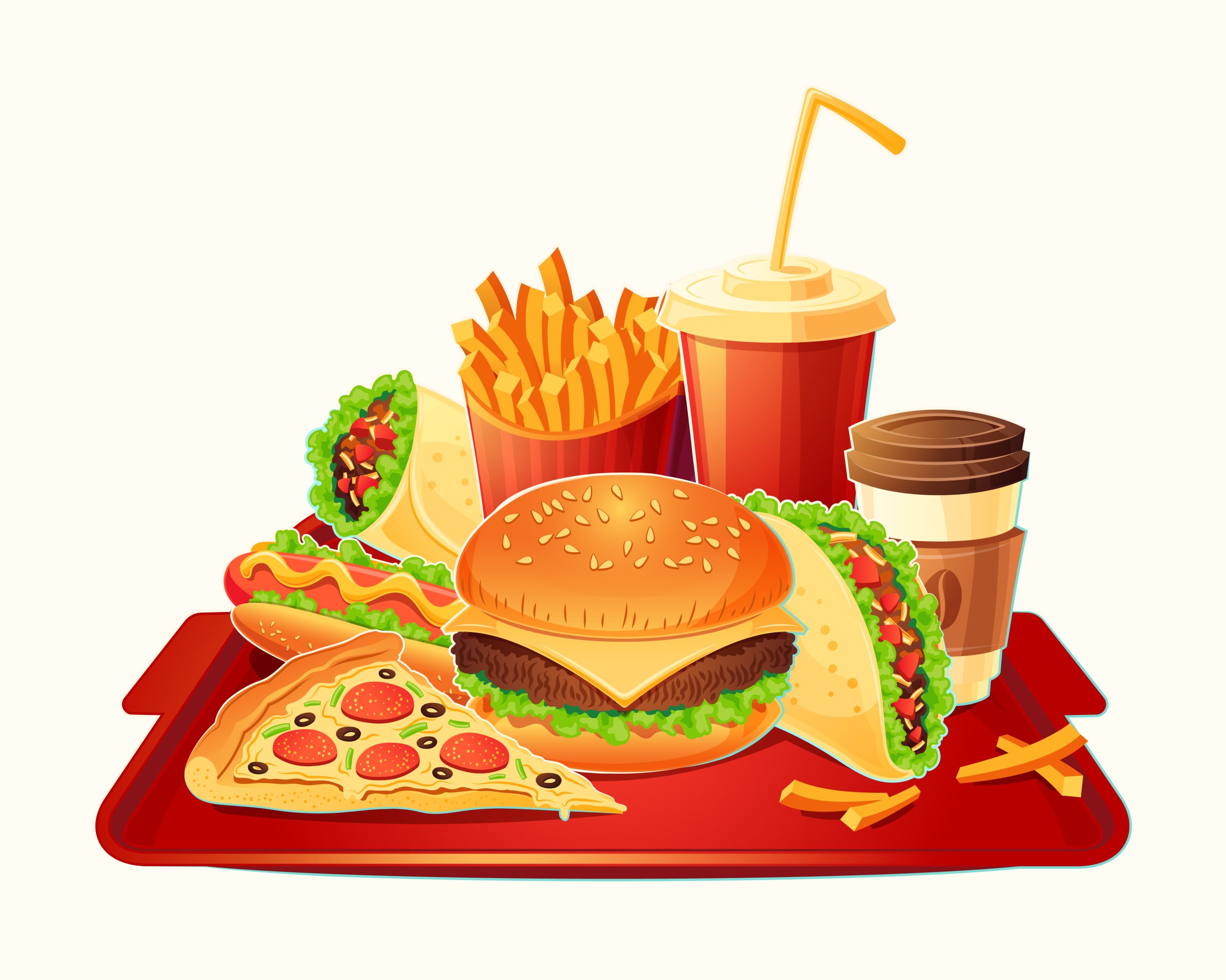 Vector cartoon illustration of a traditional set of fast food meal - hamburger, hot dog, pizza, french fries, taco, take-away coffee, cola - isolated on white. Signboards, badges, stickers, tags